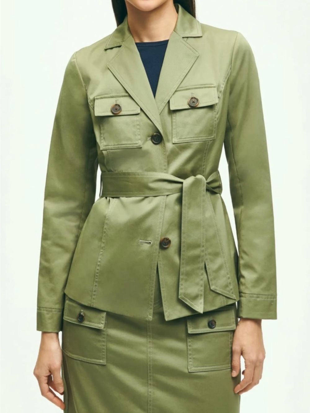 Brooks Brothers Stretch Cotton Twill Belted Safari Jacket Olive Green Size 6 EUC